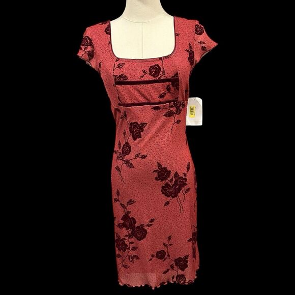 Y2K Goth Women’s Small Red Velvet Rose Floral Dress Square Neck Bodycon Romantic - Picture 8 of 12